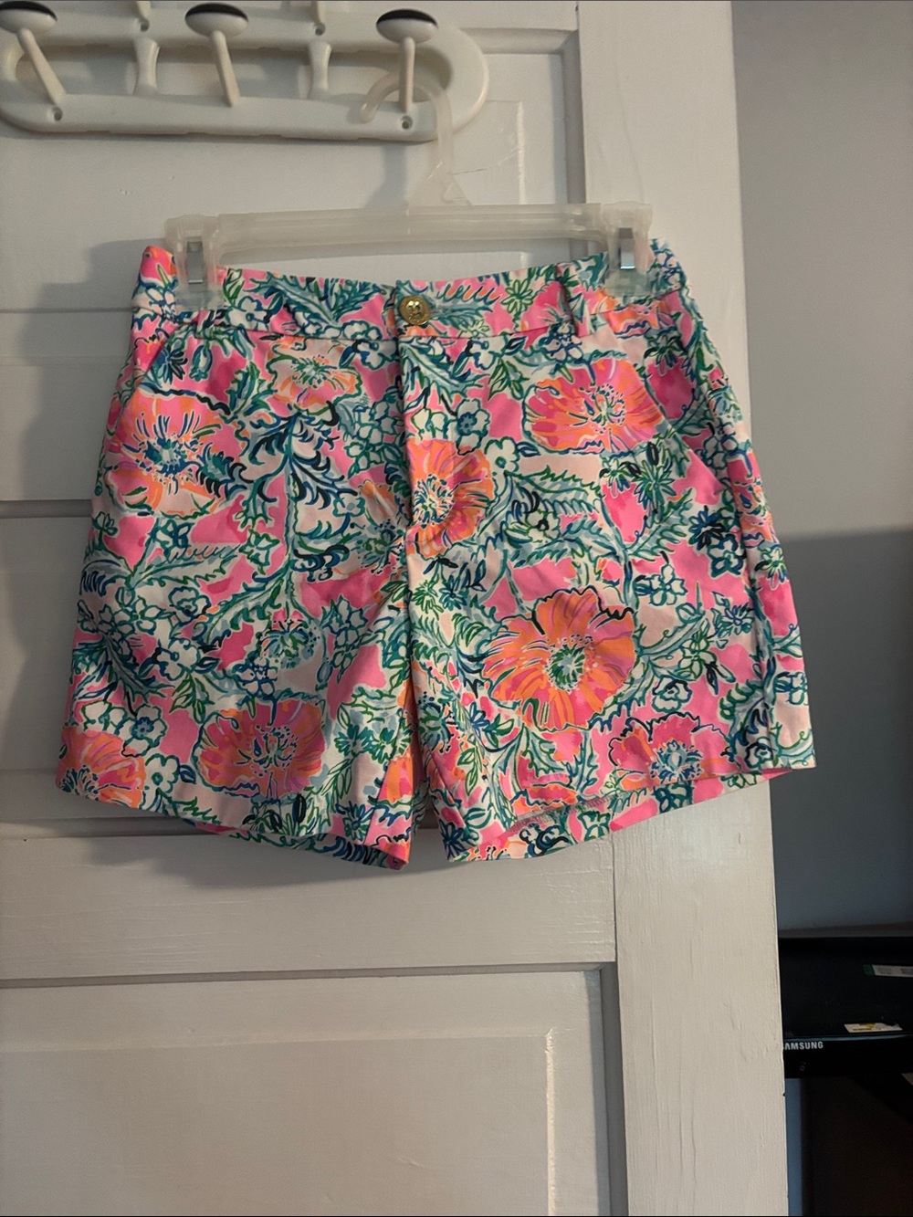 Lilly Pulitzer Pink Floral Cotton Bermuda Shorts with Green Accents